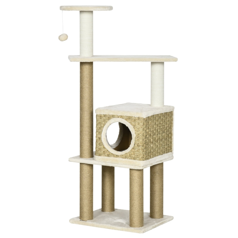 Beige Cat Tree with Scratching Post, House & Toy Ball