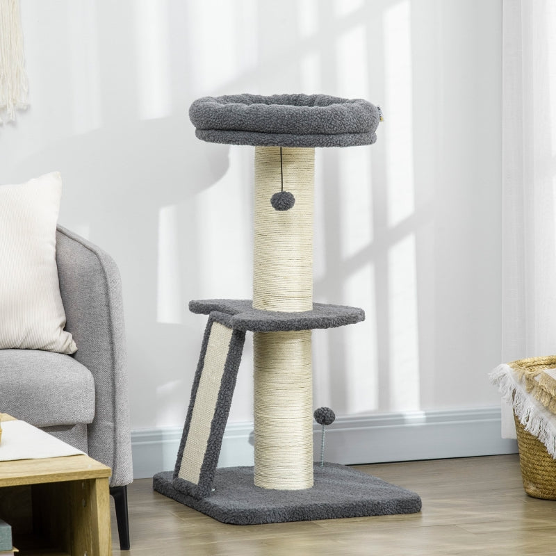 Cat Tree Tower with Scratching Posts and Toy Ball - Dark Grey