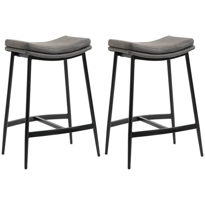 Grey Microfibre Upholstered Bar Stools Set of 2 with Curved Seat and Steel Frame