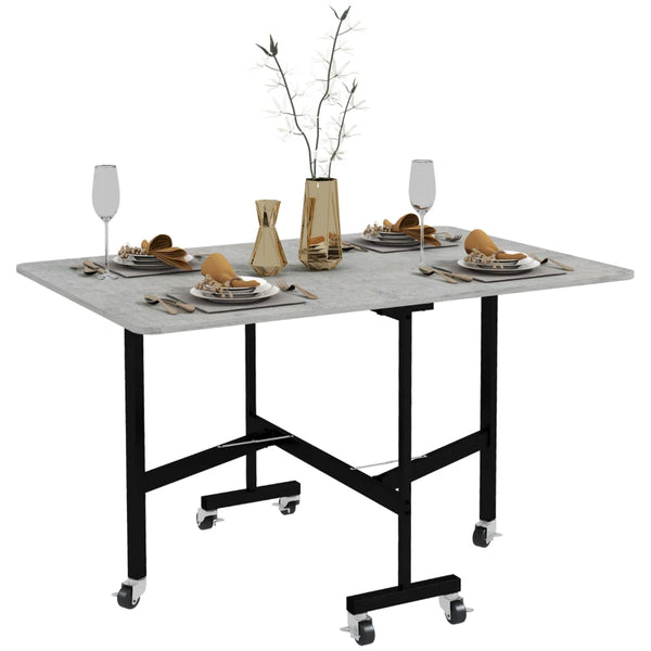 Grey Drop Leaf Folding Dining Table, Metal Frame, Rolling Kitchen Table, 120cm