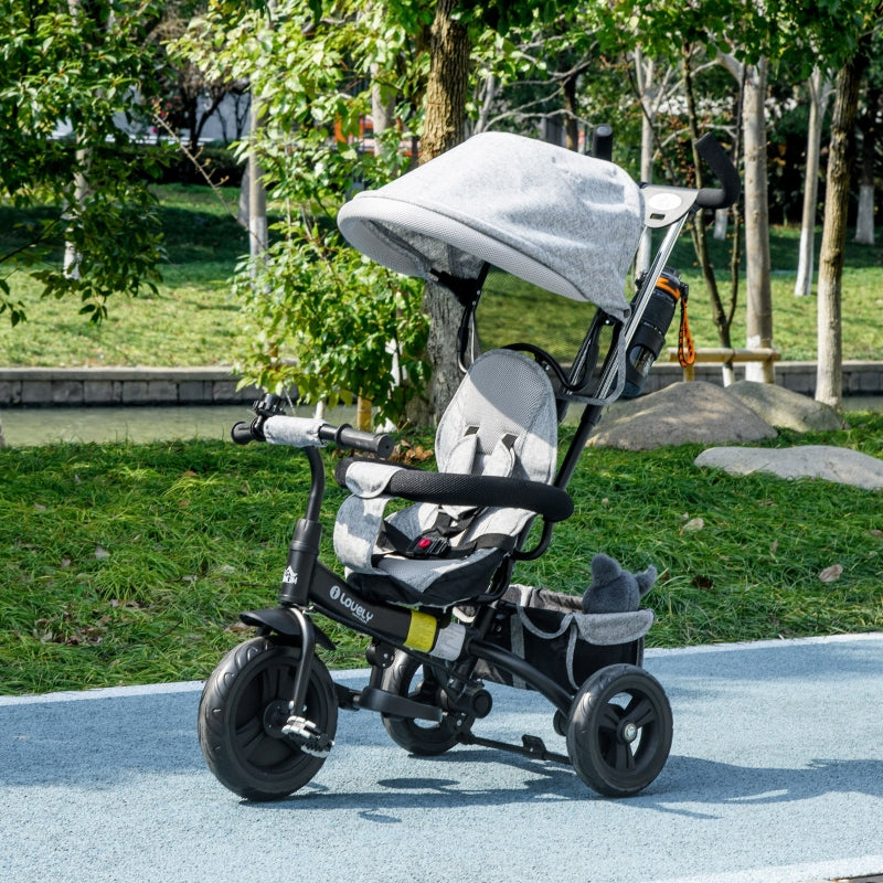 Grey 6-in-1 Kids Trike with Push Handle, Canopy, Safety Belt, Storage & Brake