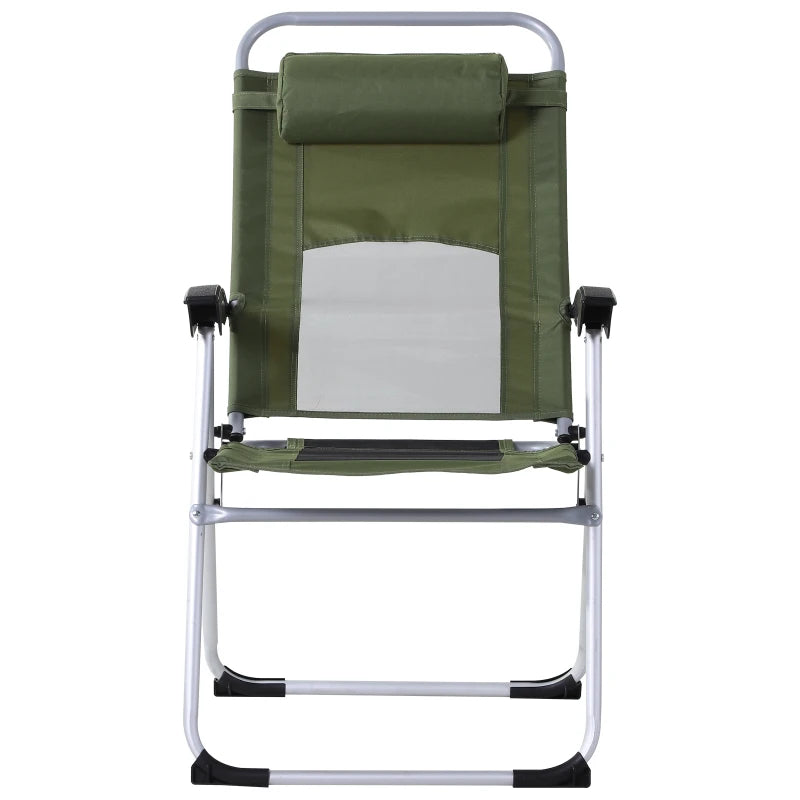 Green Folding Camping Chair with Adjustable Recliner Seat and Pillow