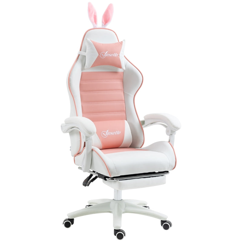 Pink Racing Gaming Chair with Rabbit Ears, Footrest, Headrest & Lumbar Support