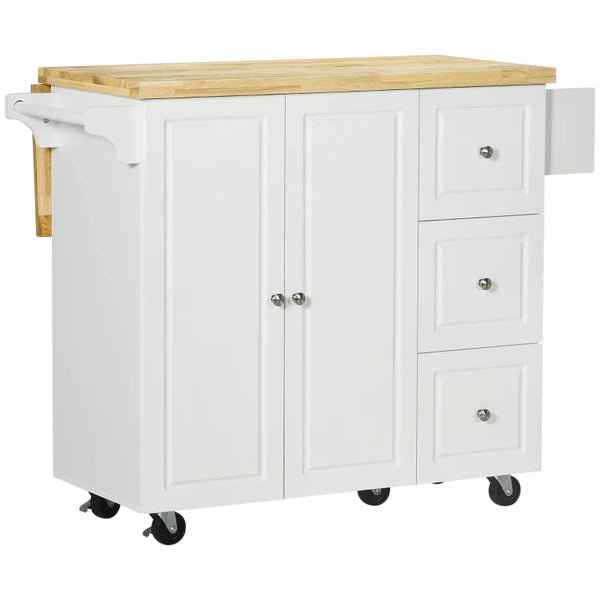 White Drop-Leaf Kitchen Island Cart with Drawers & Cabinet