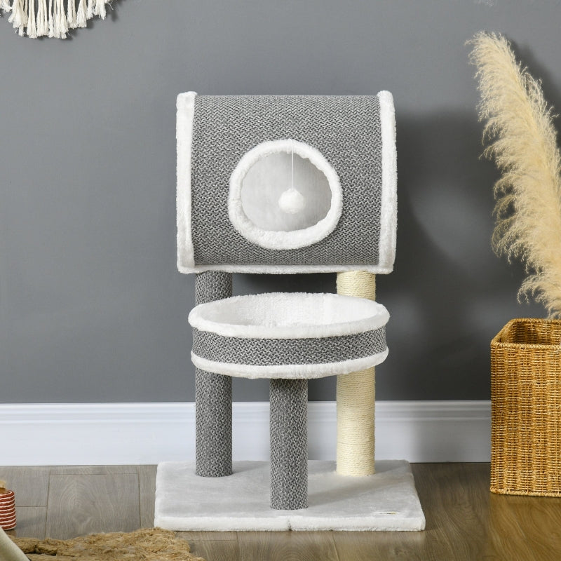 Cat Tree with Scratching Post and Toy Ball - White, 48 x 48 x 73cm