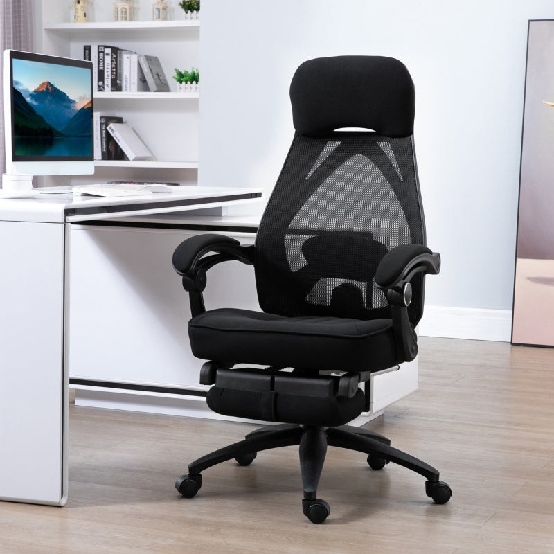 Black Mesh Office Chair with Footrest - High Back Recliner