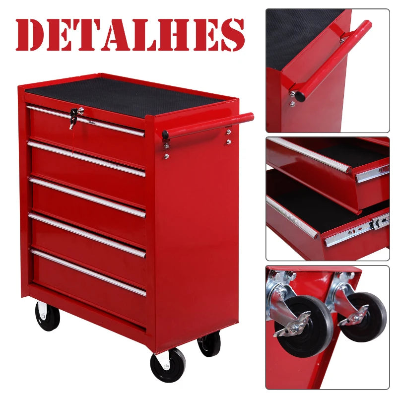 Red 5-Drawer Lockable Steel Tool Chest on Wheels with Side Handle