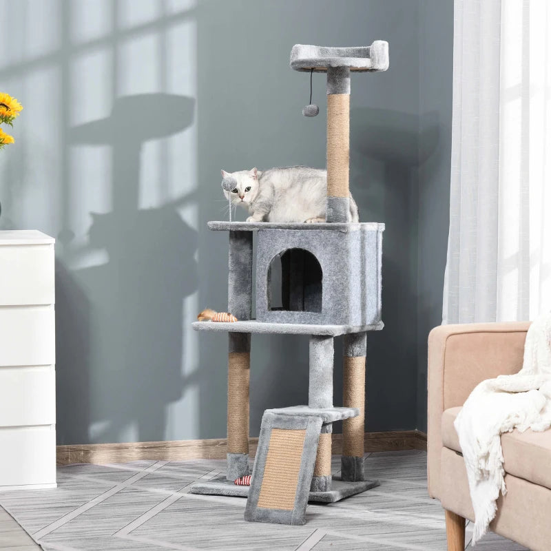 Grey Cat Tree Tower with Jute Scratching Post