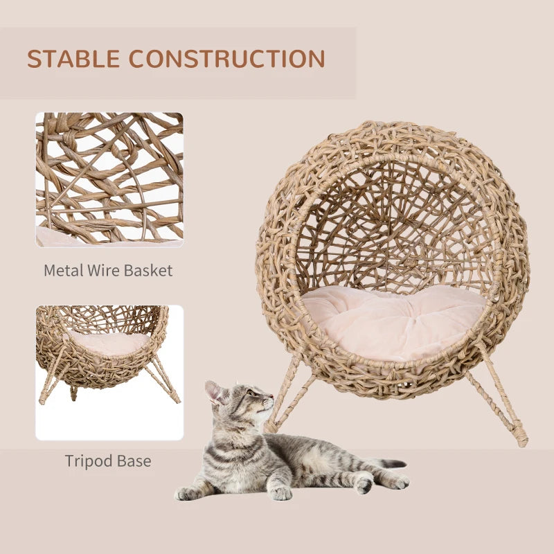 Rattan Cat Bed with Tripod Legs & Cushion - Natural Wood