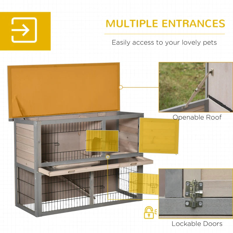 Brown 2 Tier Wooden Rabbit Hutch Guinea Pig House with Ramp and Outdoor Run - Small Animal Cage