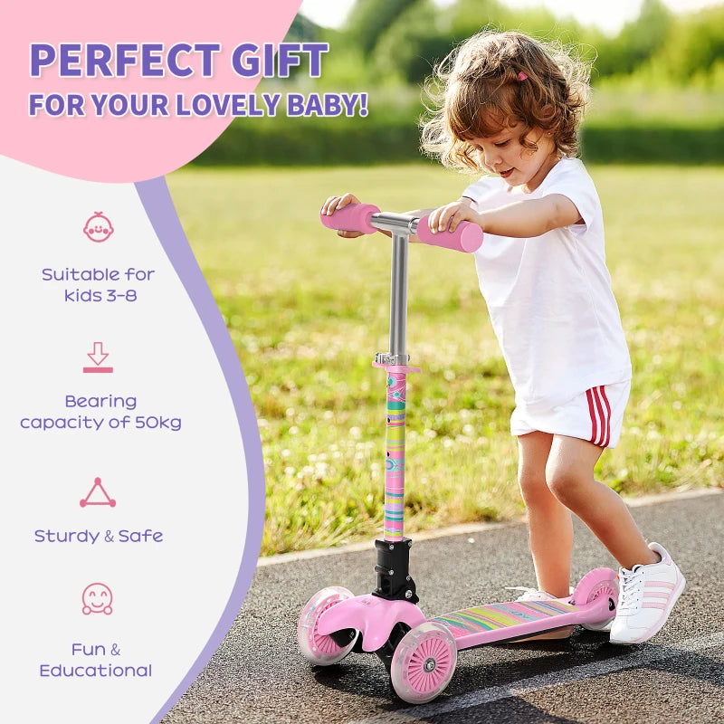 Foldable Pink Kids 3-Wheel Scooter with LED Flashing Wheels