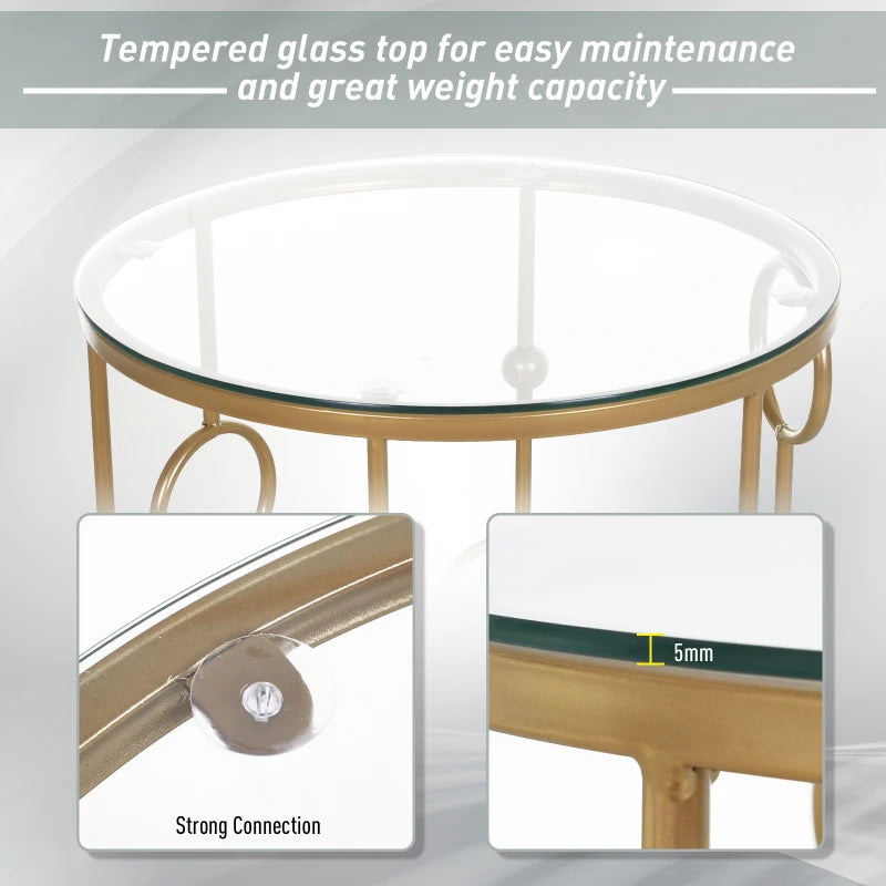 Gold Round Nesting Coffee Tables Set of 2 with Glass Top