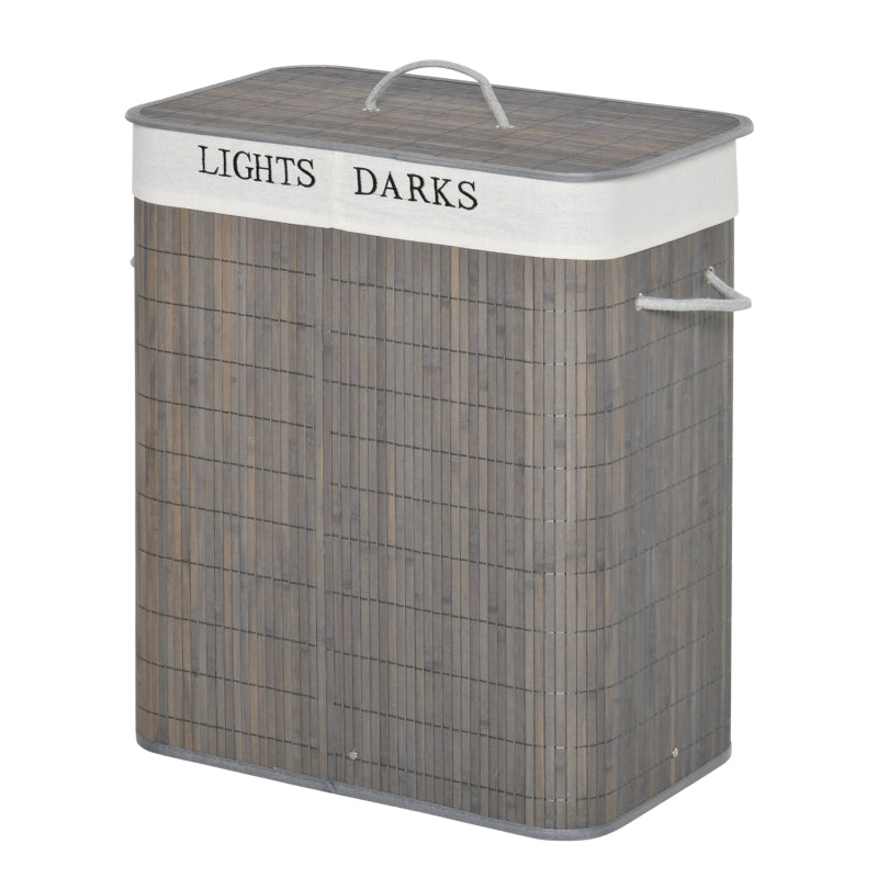 Grey 2-Section Collapsible Laundry Basket with Lid and Handles