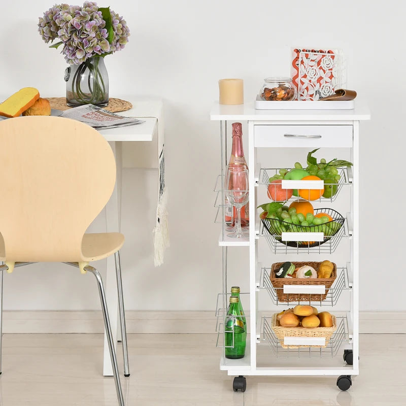 White Rolling Kitchen Cart with 4 Basket Drawers & Side Racks