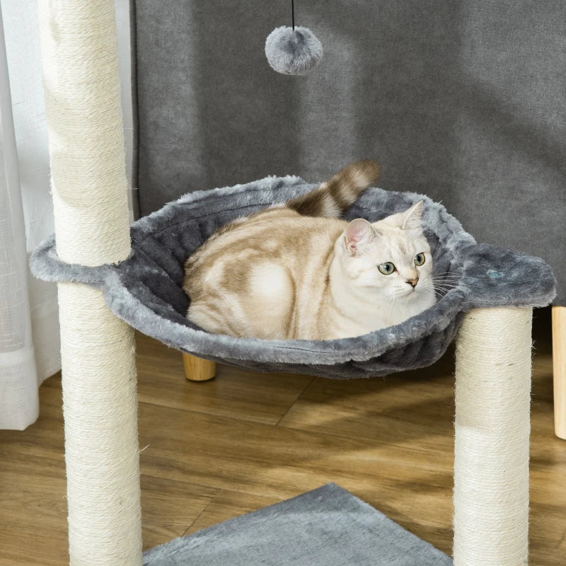 Grey Cat Tree Tower with Scratching Post, Hammock & Ball - 40x40x83 cm