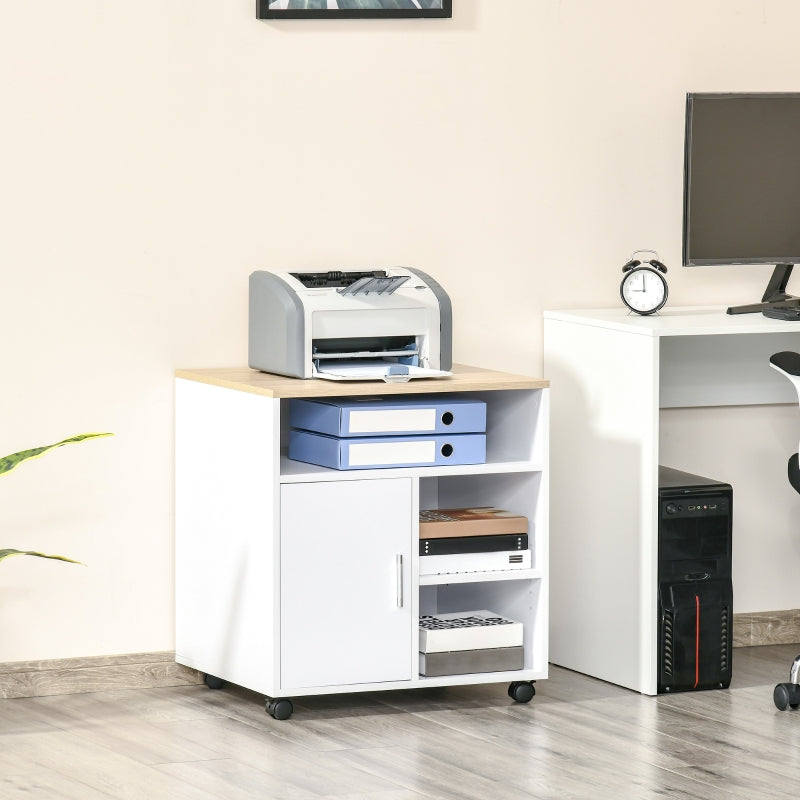Oak Mobile Printer Stand with Storage - Modern Office Desk Unit