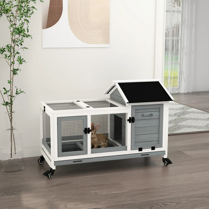 Grey Wooden Rabbit Hutch with Removable Tray and Wheels