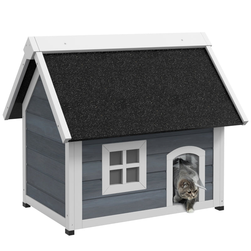 Grey Wooden Outdoor Cat Shelter with Asphalt Roof, 77x57.5x68cm