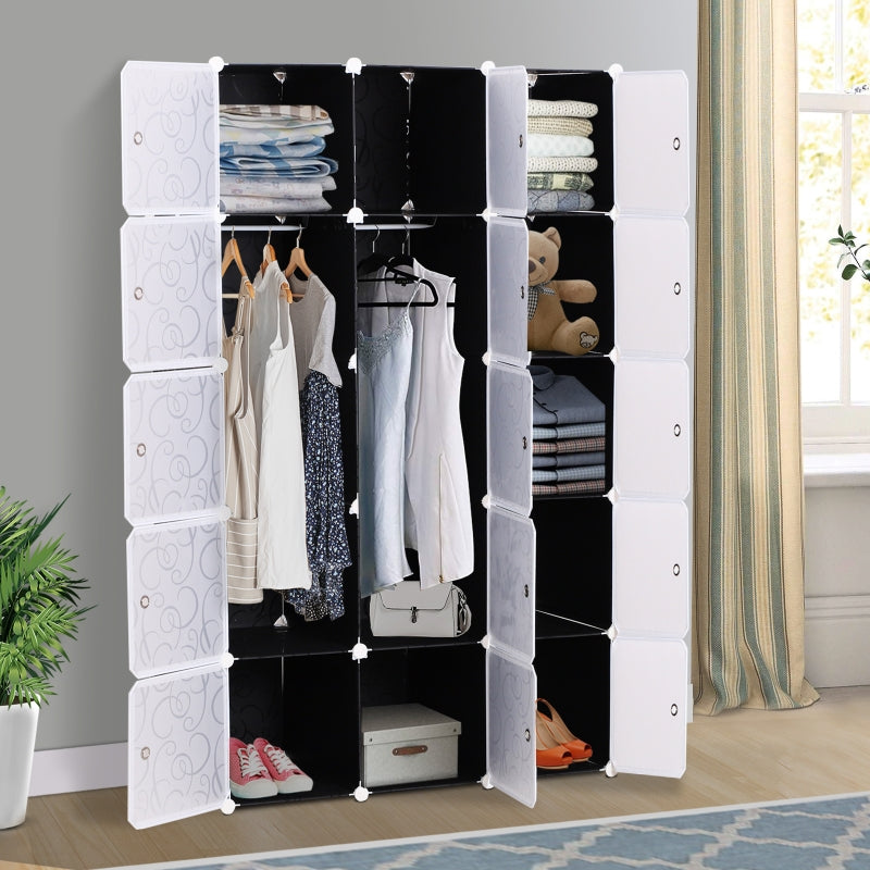 Modular 15-Cube Bedroom Wardrobe with Hanging Rail, White and Black