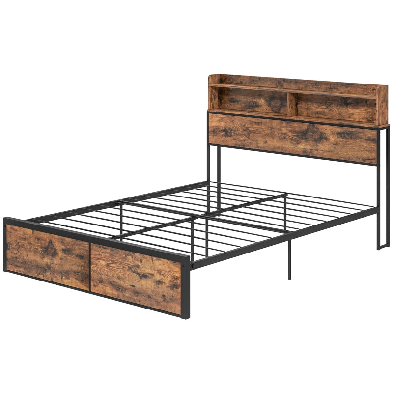 Rustic Brown Steel King Bed Frame with Storage, 5.2FT - Slatted Support, Headboard, Footboard, Under Bed Storage - 158 x 222cm