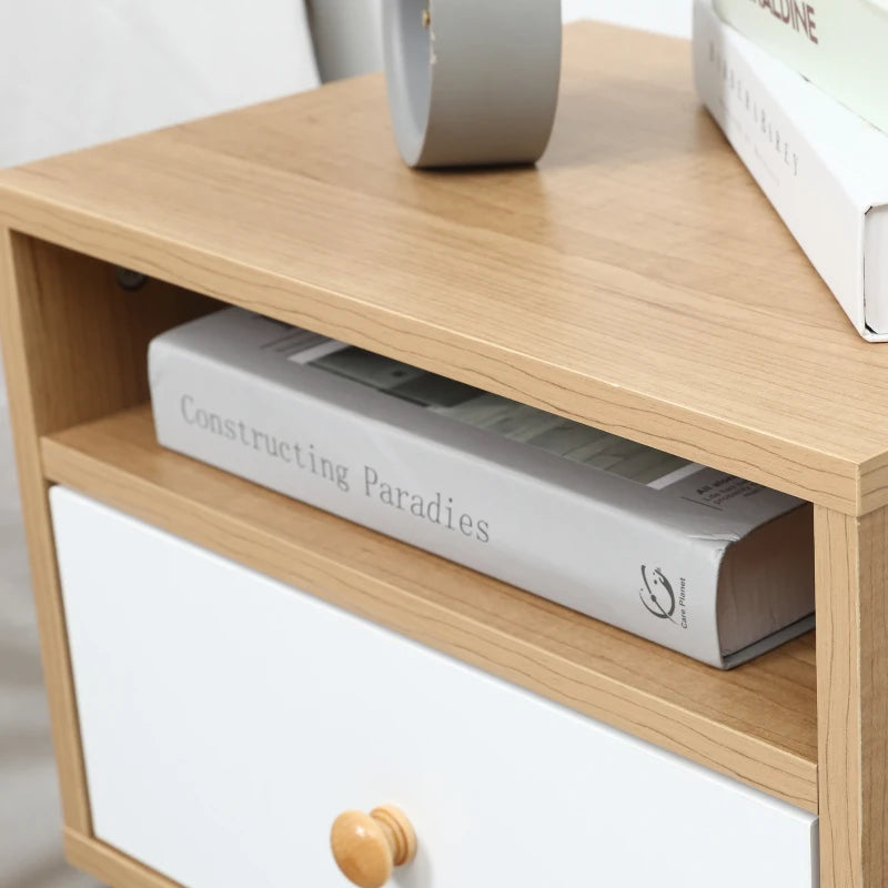 Natural Wood Bedside Table with Drawer and Shelf