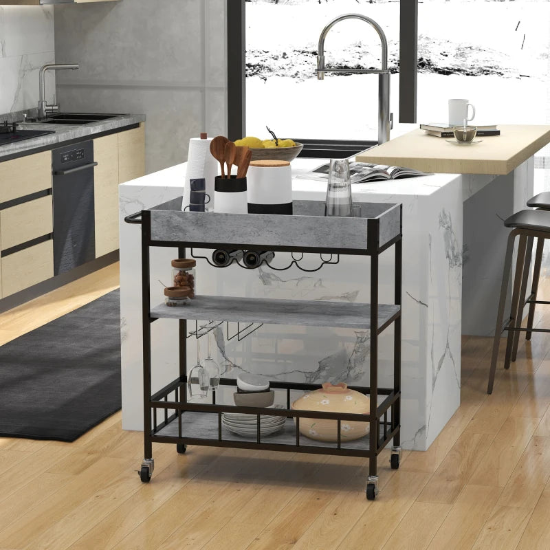 3-Tier Grey Kitchen Cart with Storage Shelves, Wine Racks, and Glass Holders