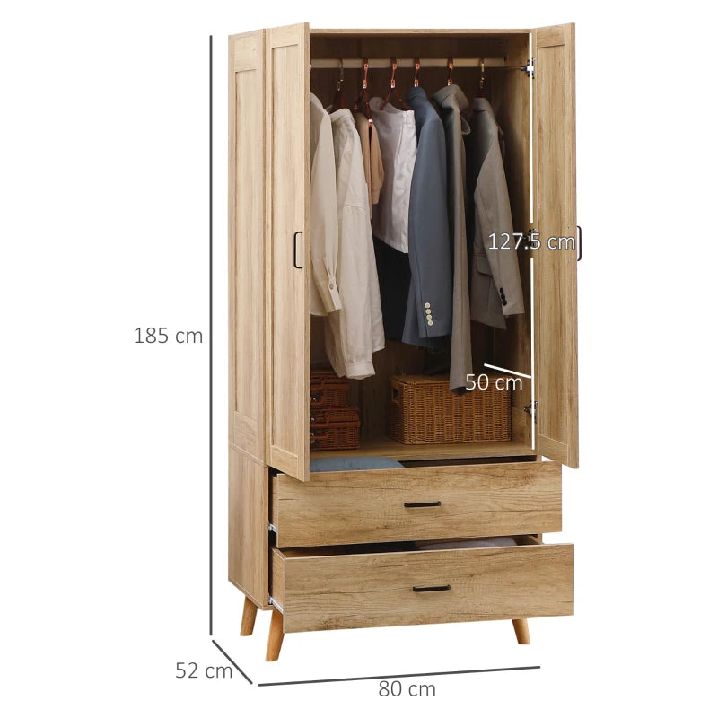 Natural 2-Door Wardrobe with Drawers and Hanging Rail for Bedroom