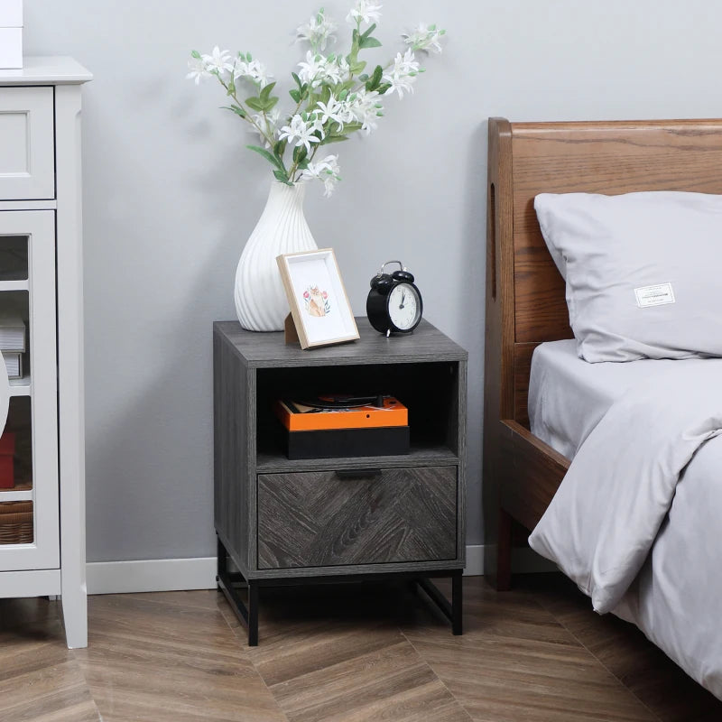 Dark Grey Bedside Table with Drawer and Shelf