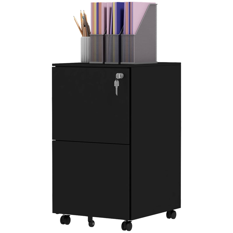 Black 2-Drawer Steel Vertical File Cabinet with Lock & Wheels