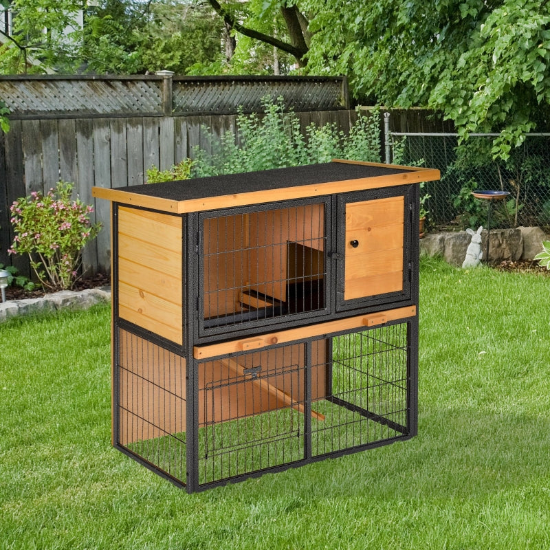 Small Pet Outdoor Hutch with Ramp and Roof, Light Yellow