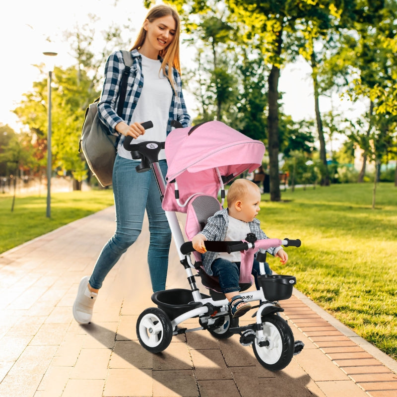 6-in-1 Pink Baby Push Tricycle with Parent Handle - Ages 1-5