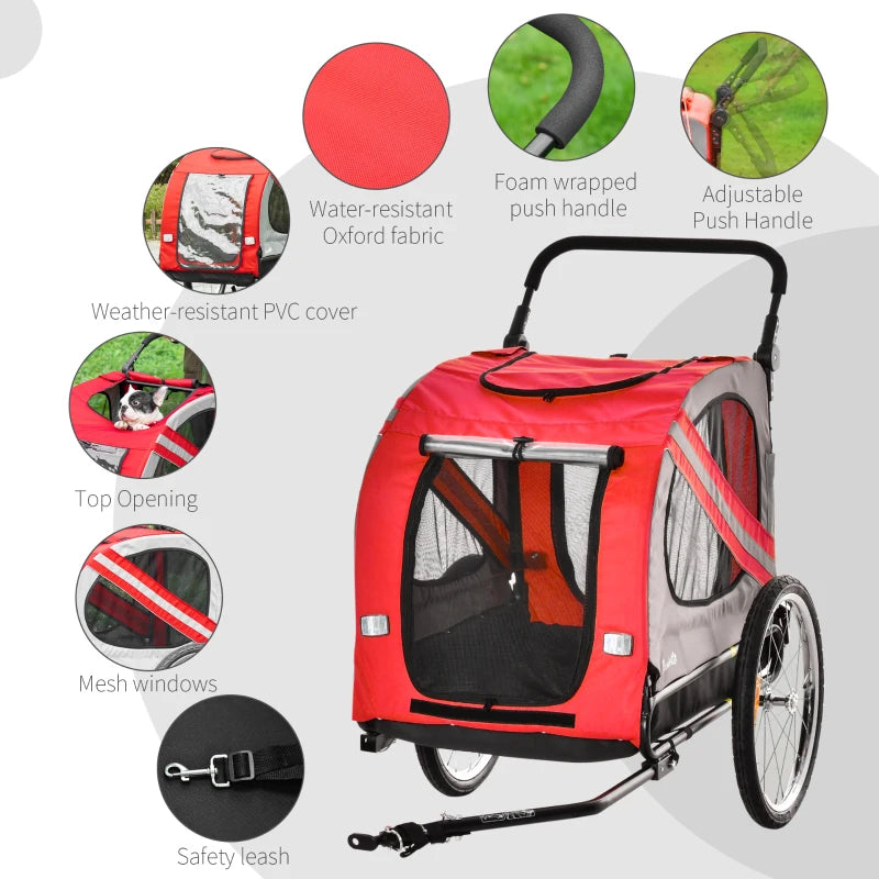 Red 2-In-1 Dog Bike Trailer Pet Stroller with Reflective Flag