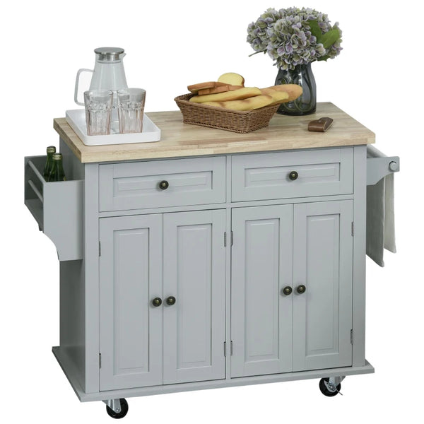 Grey Rolling Kitchen Island Trolley with Rubber Wood Top & Drawers