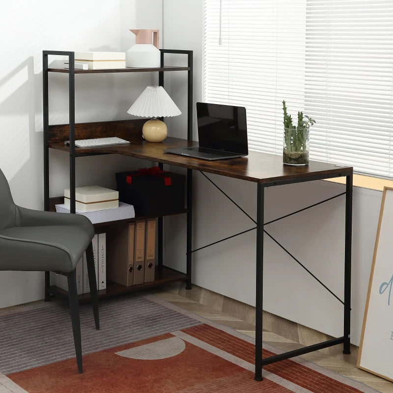 Brown 4-Tier Storage Computer Desk with Bookshelf, Metal Frame - 120 x 70 x 120cm
