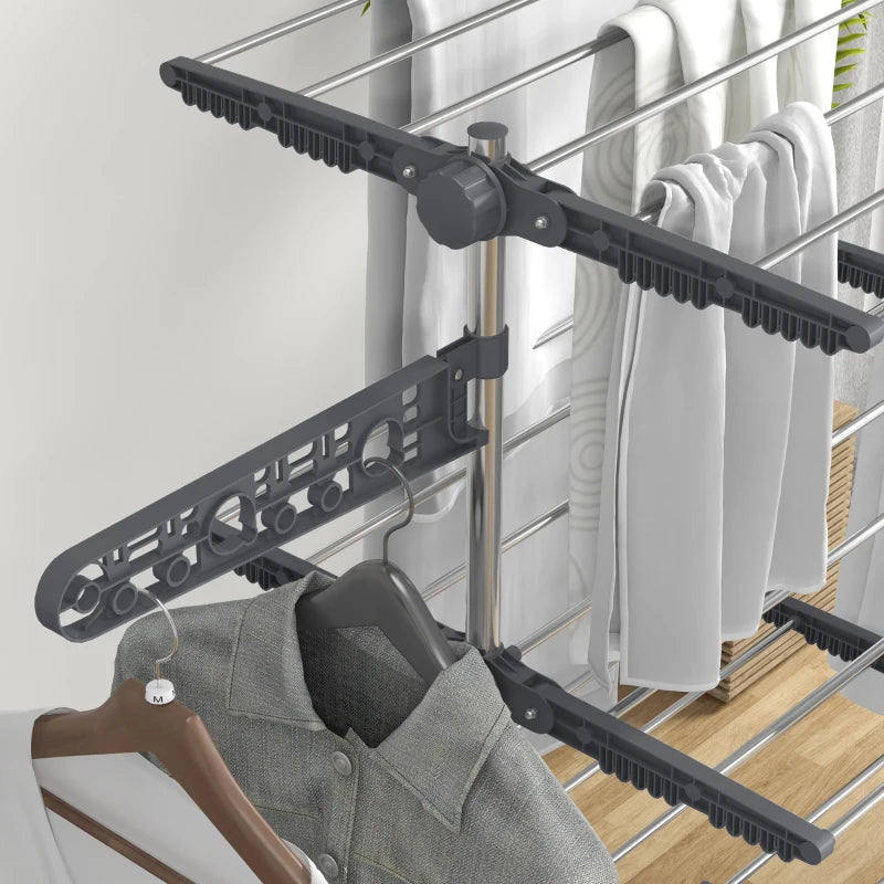 Grey 4-Shelf Folding Clothes Drying Rack with Side Arms and Wheels