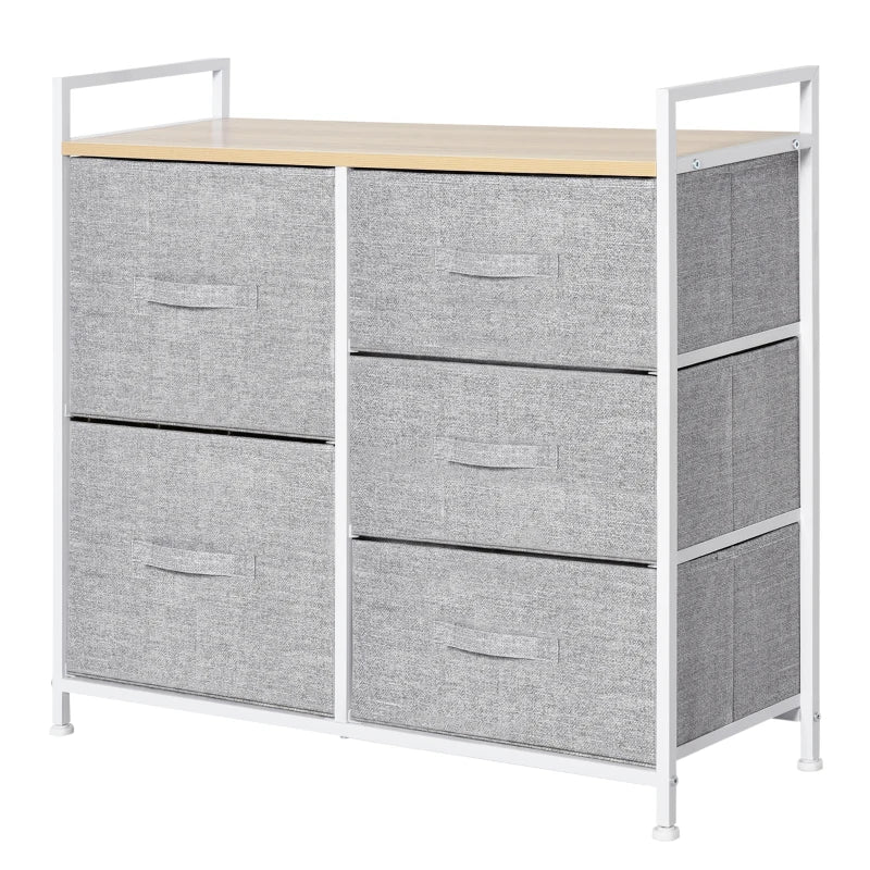 Grey 5-Drawer Linen Basket Storage Unit with Shelf - Metal Frame, Adjustable Feet