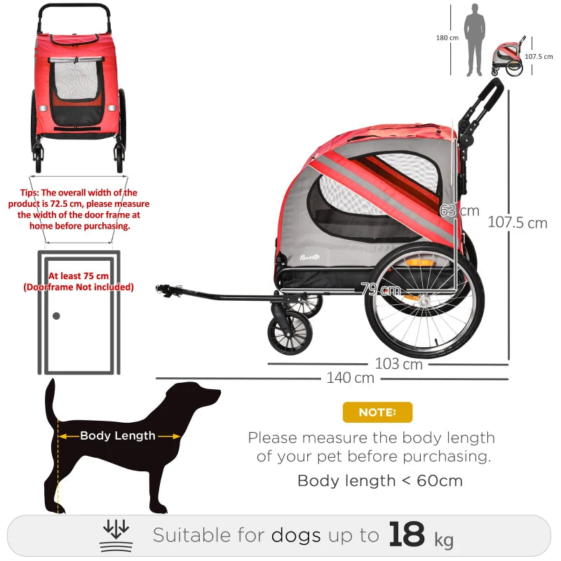 Red 2-In-1 Dog Bike Trailer Pet Stroller with Reflective Flag