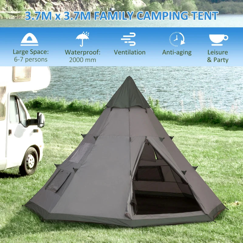 Gray 6-Person Teepee Camping Tent with Mesh Windows and Carry Bag