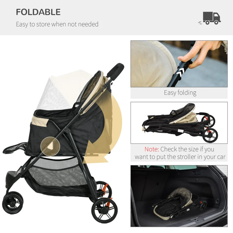 Foldable Pet Stroller with Rain Cover - Khaki, XS/S Dogs