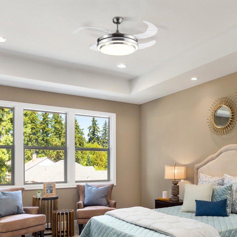 Modern White Ceiling Fan with Retractable Blades and Dimmable LED Light