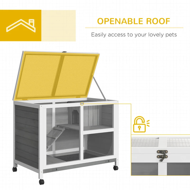 Brown Indoor Wooden Rabbit Hutch with Wheels, 2 Layers & Openable Roof, 91.5 x 53.3 x 73 cm