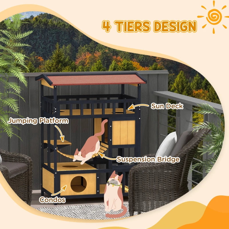 Wooden Cat House with Bridge & Balcony - 4-Tier Outdoor Design