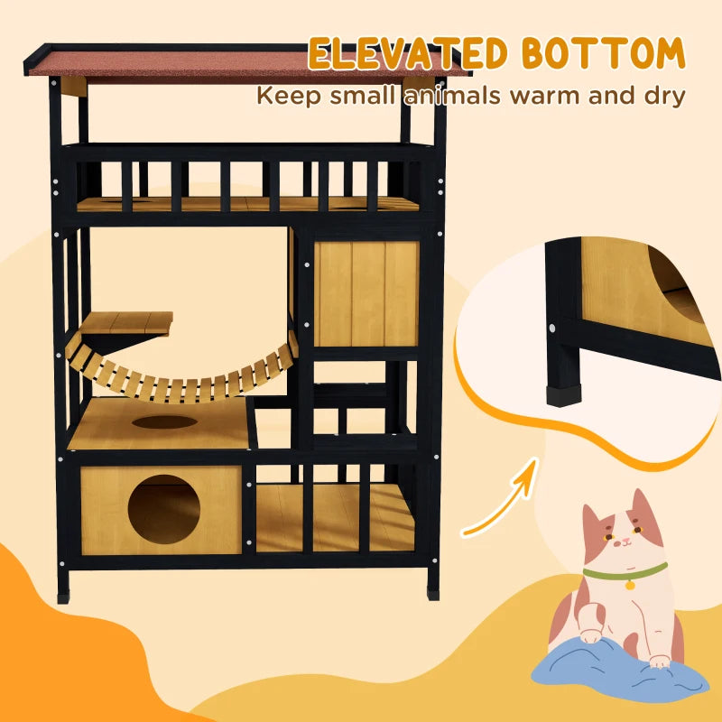 Wooden Cat House with Bridge & Balcony - 4-Tier Outdoor Design