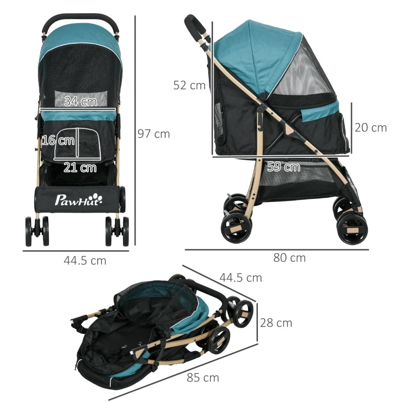 Dark Green Pet Stroller for Small Dogs with Rain Cover