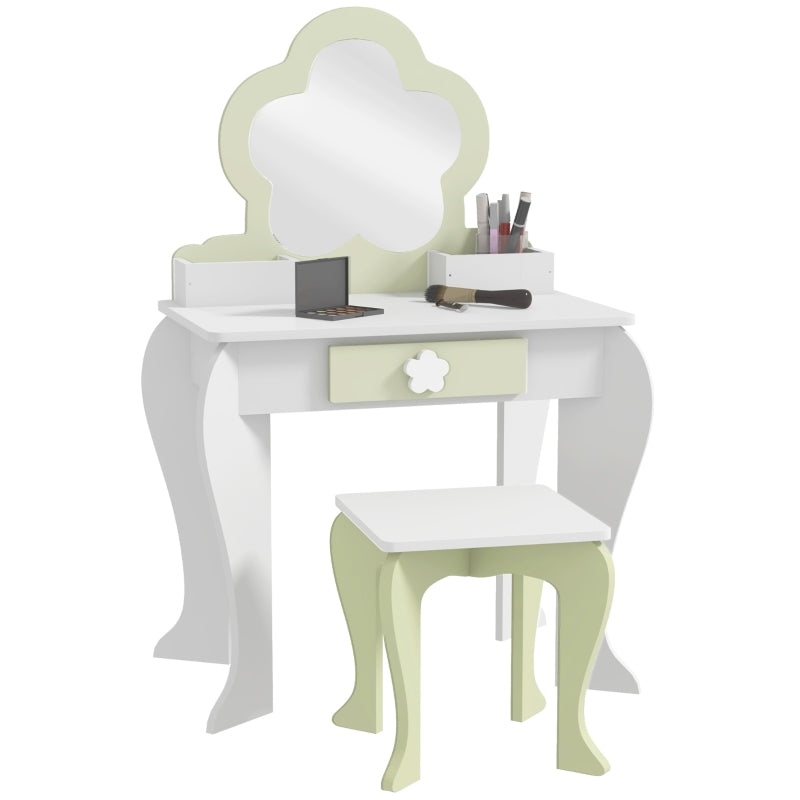 Kids White Vanity Table Set with Mirror, Stool, Drawer, and Flower Design