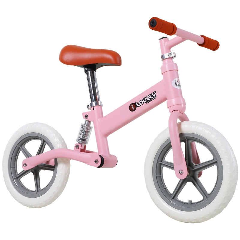 12" Pink Kids Balance Bike - No Pedal Bicycle with Adjustable Seat and Shock Absorber