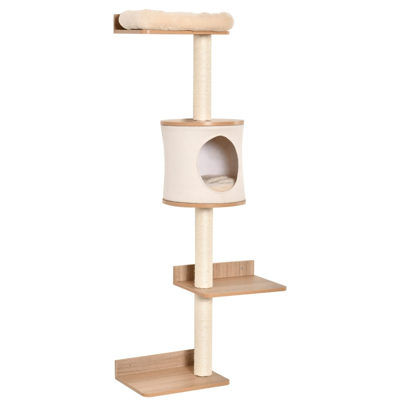 Beige Wall-Mounted Cat Tree with House, Bed, Scratching Post