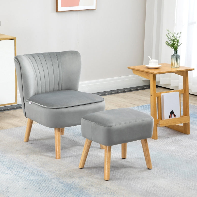 Light Grey Velvet Accent Chair with Ottoman - Curved Back, Wood Frame Legs