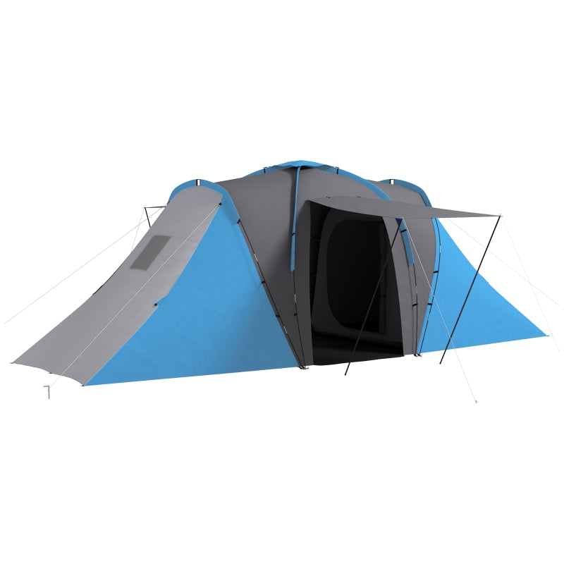 Blue 2-Bedroom Camping Tunnel Tent, 2000mm Waterproof, Portable for 4-6 People