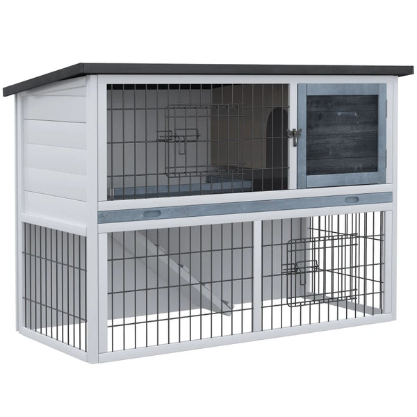 Grey 2-Tier Wooden Small Animal House with Openable Roof, 108 x 45 x 78 cm